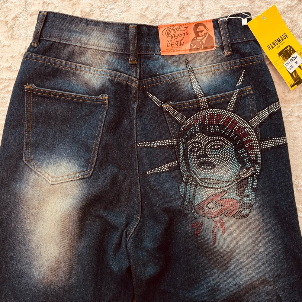 Christian Audigier Dark Blue Denim Jeans with Rhinestone Statue Graphic